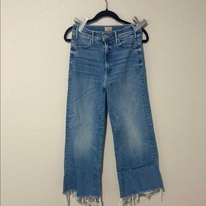 MOTHER Light Blue Wide Leg Jeans with Distressed Hem - Hustler Roller Sneak